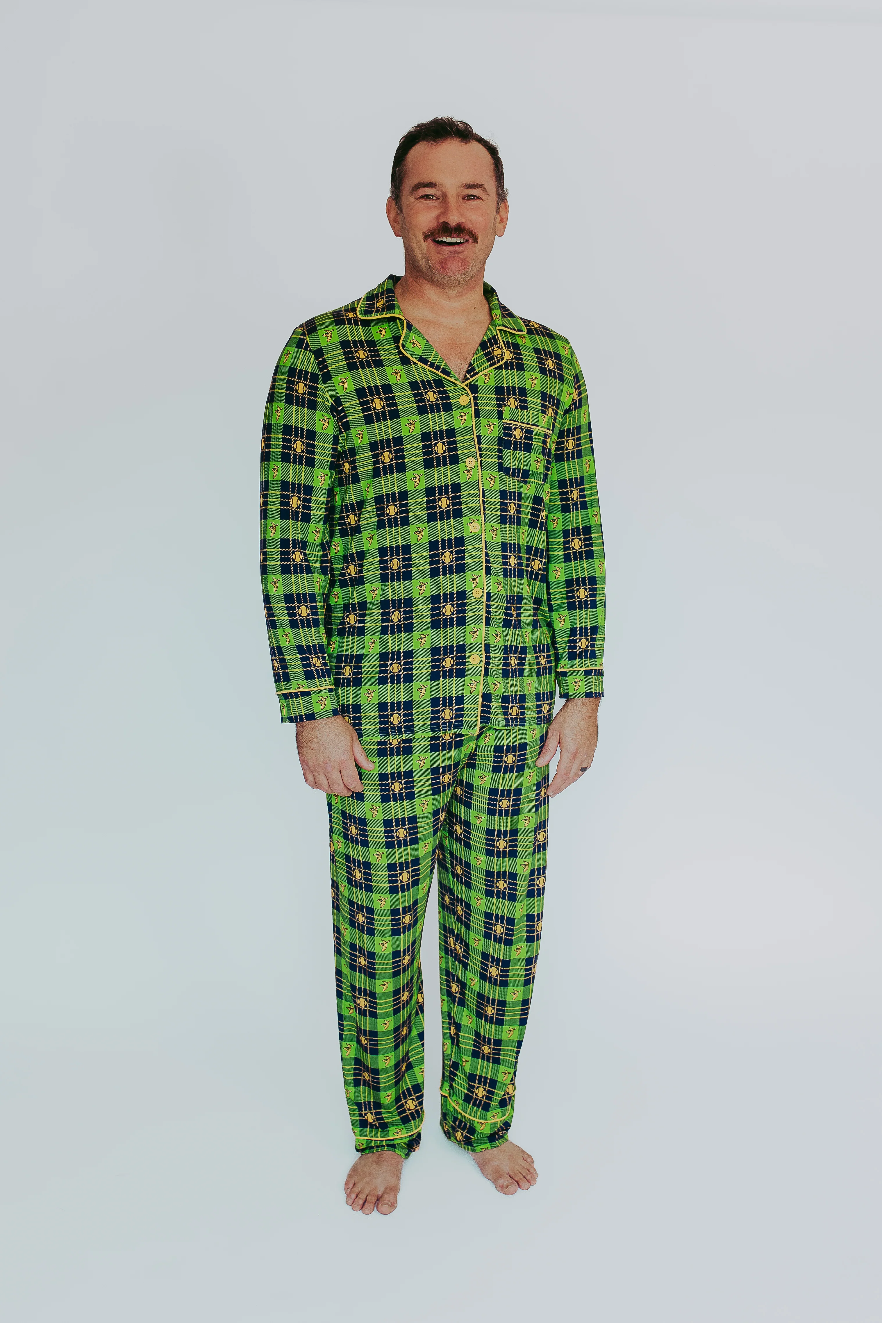 Bananas Long Sleeve Button Down Pajama Shirt - Green Tartan - Image 3