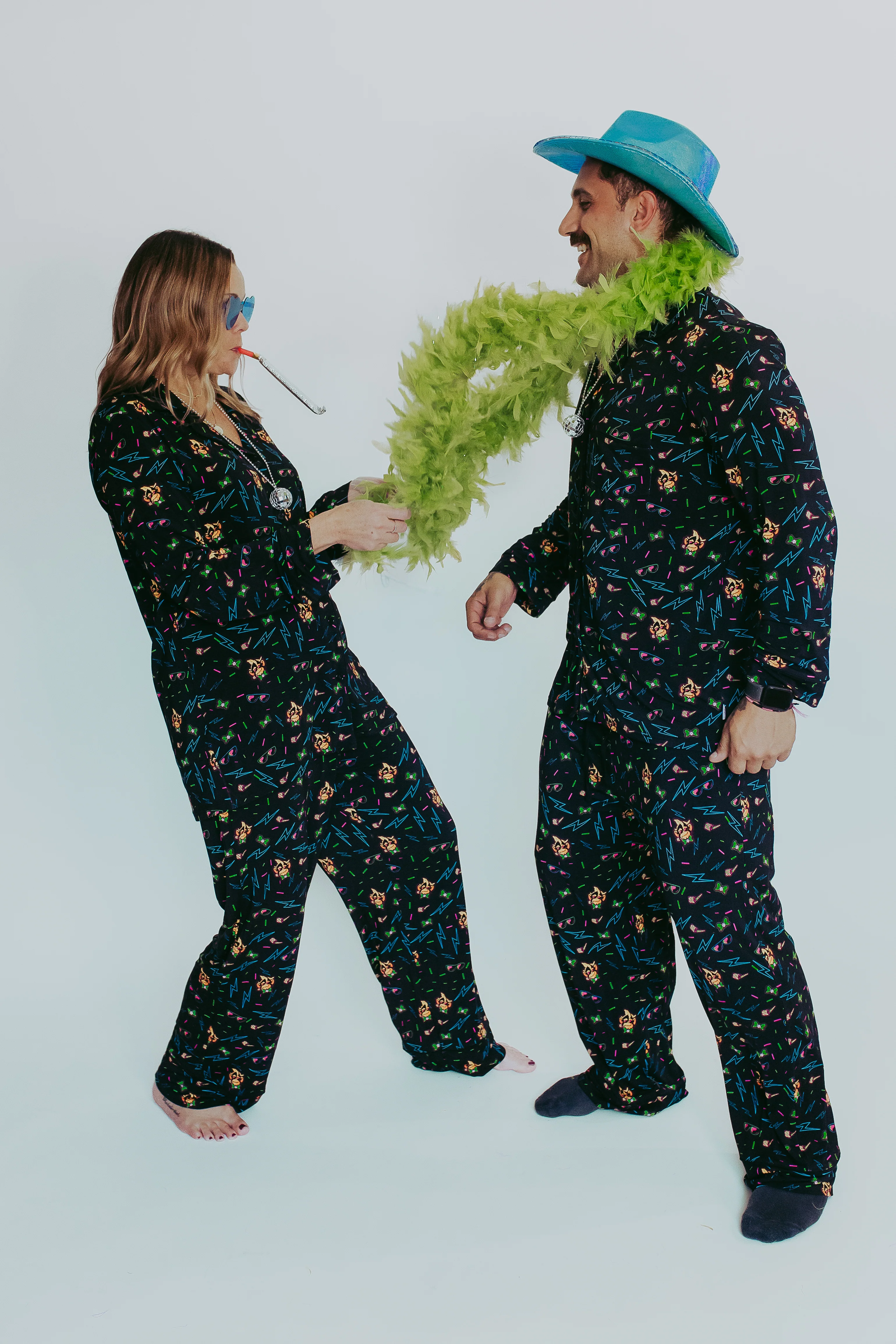 Party Animals Long Sleeve Neon Button Down Pajama Shirt - Black - Image 4