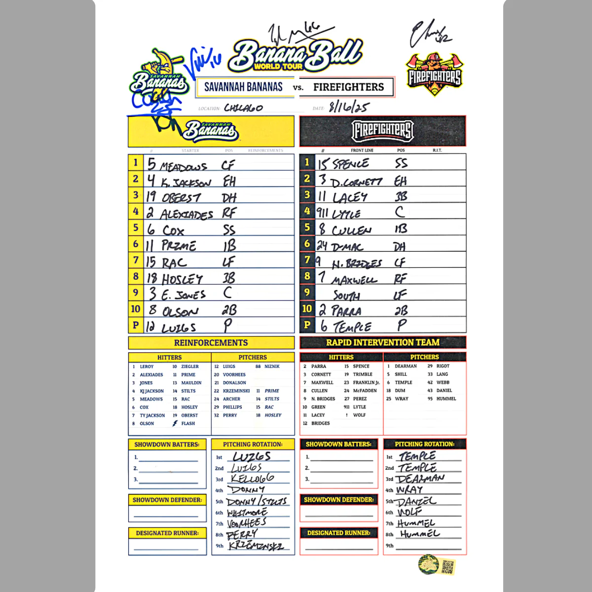 Virant Gillum Horton Fox Bananas Multi Signed Game Used Lineup Card 8.16.25 Game Used Guaranteed Rate Field