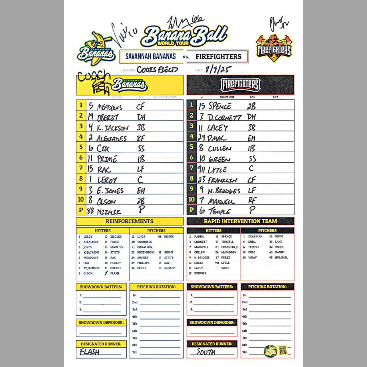 Virant Gillum Horton Fox Bananas Multi Signed Game Used Lineup Card 8.9.25 Coors Field